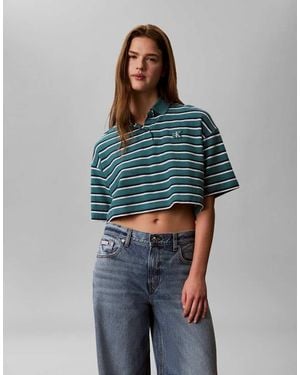 Calvin Klein Polo Corto Color Cerceta A Rayas De Piqué De -Azul