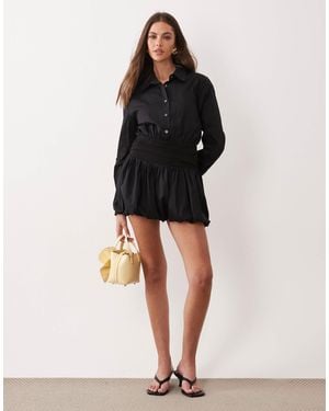 Aria Cove Fitted Waist Detail Bubble Hem Shirt Mini Dress - Black