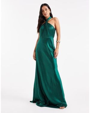 Six Stories Bridesmaid Satin Twist Detail Halter Neck Maxi Dress - Green