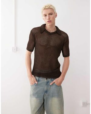 Reclaimed Vintage Open Stitch Knit Polo Shirt - Brown