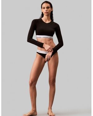 Calvin Klein Modern Cotton Lightly Lined Long Sleeve Crop Top With Logo Taping - Black
