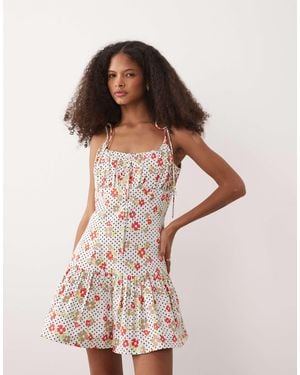 ASOS Cotton Sateen Tie Bust Dropped Waist Mini Sundress - Multicolour