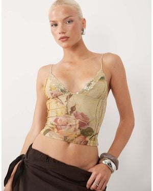 Tiger Mist Fenella Sequin Trim Plunge Cami Top - Natural