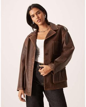 Urbancode Longline Distressed Leather Worker Jacket - Brown