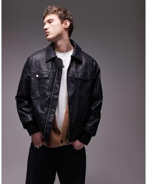 TOPMAN Distressed Faux Leather Oversized Bomber - Grey