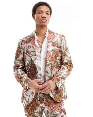 Twisted Tailor Giacca Da Abito Slim Color Malva A Fiori Jacquard - Rosa