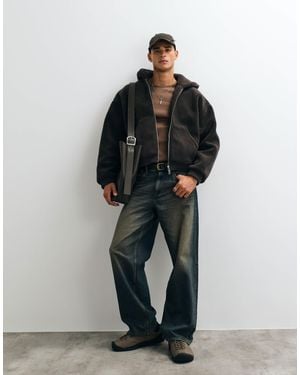 Weekday Oversized Borg Fleece Funnel Neck Zip Hoodie - Black