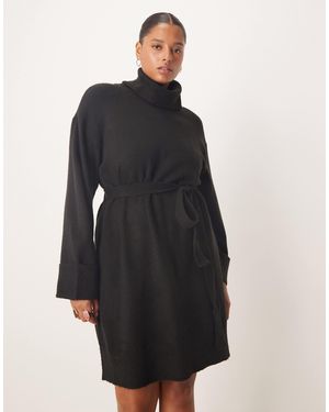 Vila Curve Tie Waist High Neck Knitted Mini Dress - Black