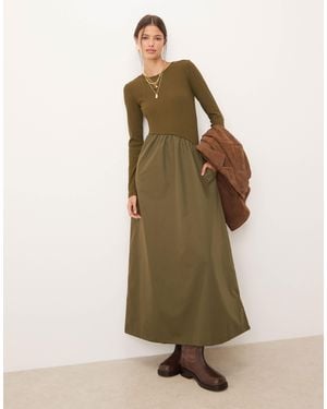 Threadbare Long Sleeve Midi Dress With Poplin Skirt - Green