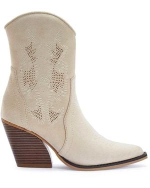 SEQWL Western Embroidered Calf Boots With Curved Block Heel - White