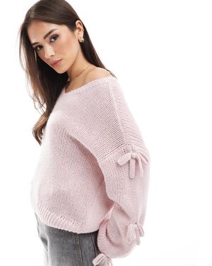 Hollister Slouchy Off The Shoulder Applique Bow Knit Sweater - Pink