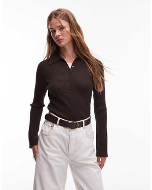 & Other Stories Knitted Rib Fitted Polo Top With Mixed Fabric Collar - Brown