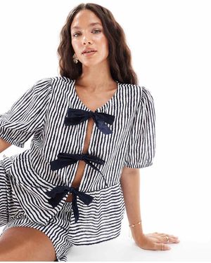 Pieces Tie Front Short Sleeve Peplum Hem Top Co-ord - Blue