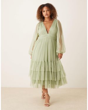 Lace & Beads Plus Bridesmaid Madison Long Sleeve Midi Dress - Green