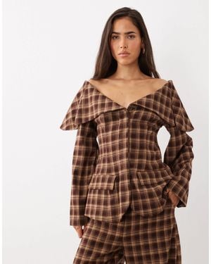 ASOS Off-shoulder Tie Waist Brushed Check Blazer-brown