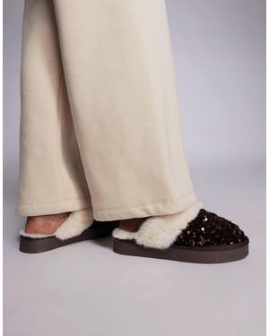 River Island Sequin Fur Lined Slippers - Brown