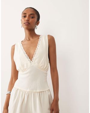 ASOS Linen Blend Halter Lace Trim Top - Natural
