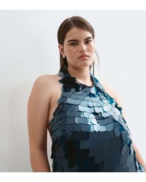 ARRANGE Curve Embellished Shard Sequin Longline Halter Neck Top Set - Blue