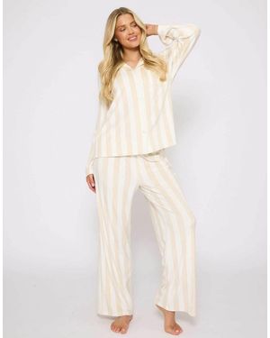 Loungeable Striped Velour Traditional Pyjama Set - Natural