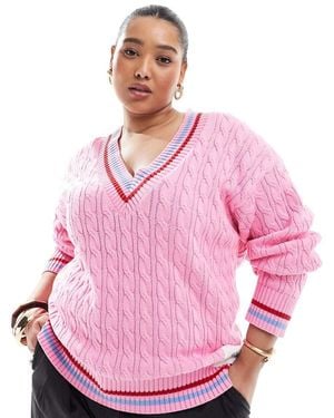 Renee Studio Plus Exclusive V Neck Cable Knit Embroidered Logo Jumper - Pink