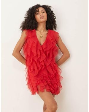 LACE & BEADS Waterfall Ruffle Mini Dress - Red