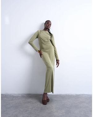 TOPSHOP Robe longue effet croisé en cupro - kaki - Gris