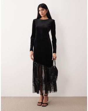 Y.A.S Long Sleeve Velvet Maxi Dress With Asymmetric Sequined Hem - Black