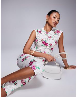 AFRM Top d'ensemble en dentelle au crochet - imprimé roses - Blanc