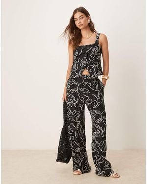 Mango Co-ord Linen Mix Mono Sketch Print Trouser - Black