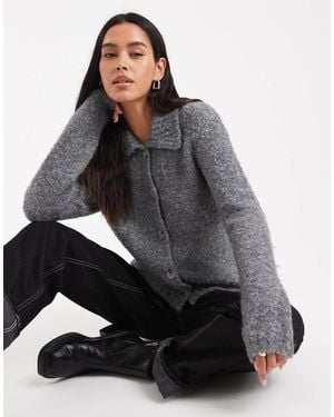 4th & Reckless Contains Wool Ribbed Collar Detail Button Through Cardigan - Grey
