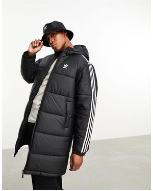 adidas Originals 3 Stripe Hooded Long Puffer Jacket - Black