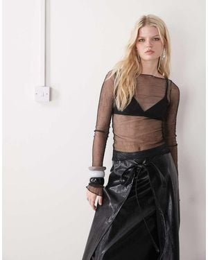 Weekday Sheer Mesh Slash Neck Long Sleeve Top - Black