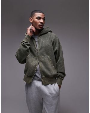 TOPMAN Premium Heavyweight Oversized Acid Wash Zip Through Hoodie - Gray