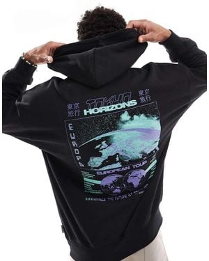 Only & Sons Sudadera Negra Extragrande Con Capucha Y Estampado "Horizons" En La Espalda De - Negro