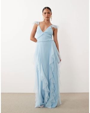 LACE & BEADS Tulle Flutter Sleeve Ruffle Maxi Dress - Blue
