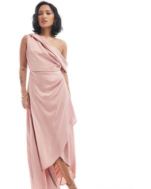 TFNC London Bridesmaid Satin Fallen Shoulder Maxi Dress With Wrap Skirt - Pink