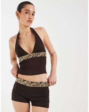 Motel Orvio Embroidered Sequin Halter Top - Black
