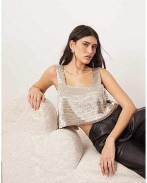 ARRANGE Embellished Beaded Square Neck Boxy Crop Top - Natural