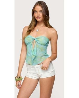 Edikted Printed Mesh Strapless Cut Out Top - Blue