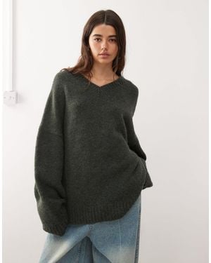 Weekday Wool Blend Super Oversized V Neck Sweater - Green