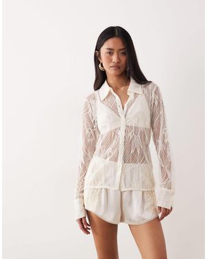 Aware – langärmlige hemdbluse aus transparenter spitze - Natur