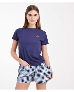 Brave Soul Cotton T-shirt And Check Shorts Pyjama Set With Cherry Embroidery - Blue