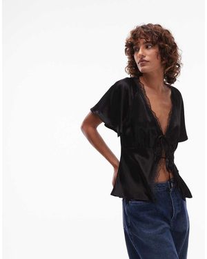 Reclaimed Vintage Tie Front Top With Lace Trims - Blue