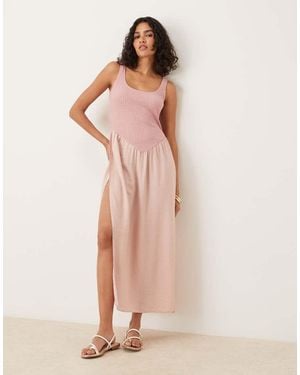 ASOS Textured Bodice Scoop Neck Midi Dress With Drape Bubble Hem - Pink