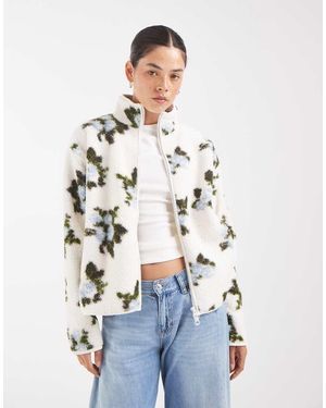 Pieces Chaqueta Teddy Blanca Con Estampado Floral Y Cremallera Frontal-Blanco