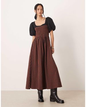 ASOS Shirred Bodice Maxi Dress With Puff Sleeve - Brown