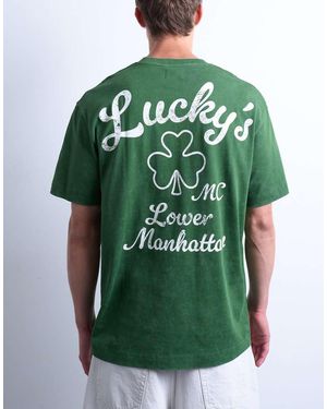 TOPMAN T-Shirt Oversize Slavato Con Stampa "Lucky" Sul Davanti E Sul Retro - Verde