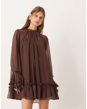 ASOS Smock Mini Dress With Tiered Ruffle Cuff And Velvet Bows - Brown