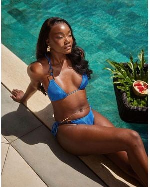 South Beach Crinkle Triangle Bikini Top With Gold Ring Detail - Green