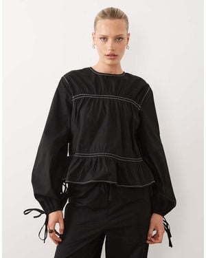 ASOS Contrast Stitch Smocked Top - Black